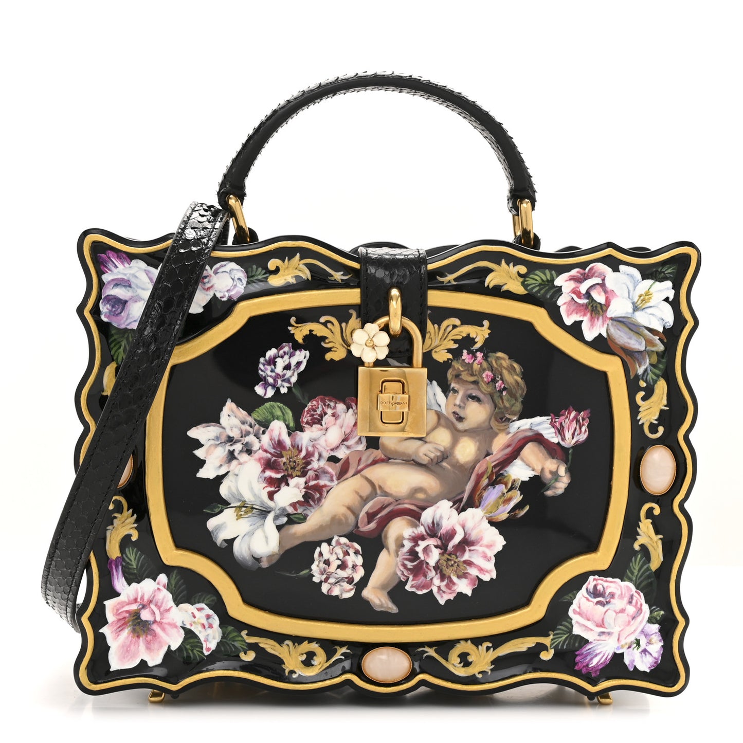 Plexiglass Snakeskin Cherub Box Bag Black Gold