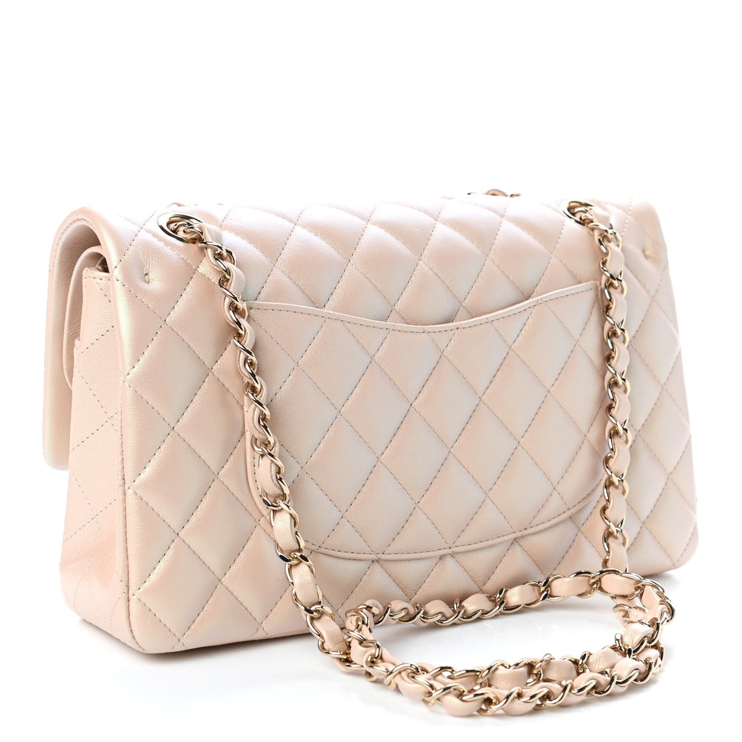 Iridescent Calfskin Quilted Medium Double Flap Beige