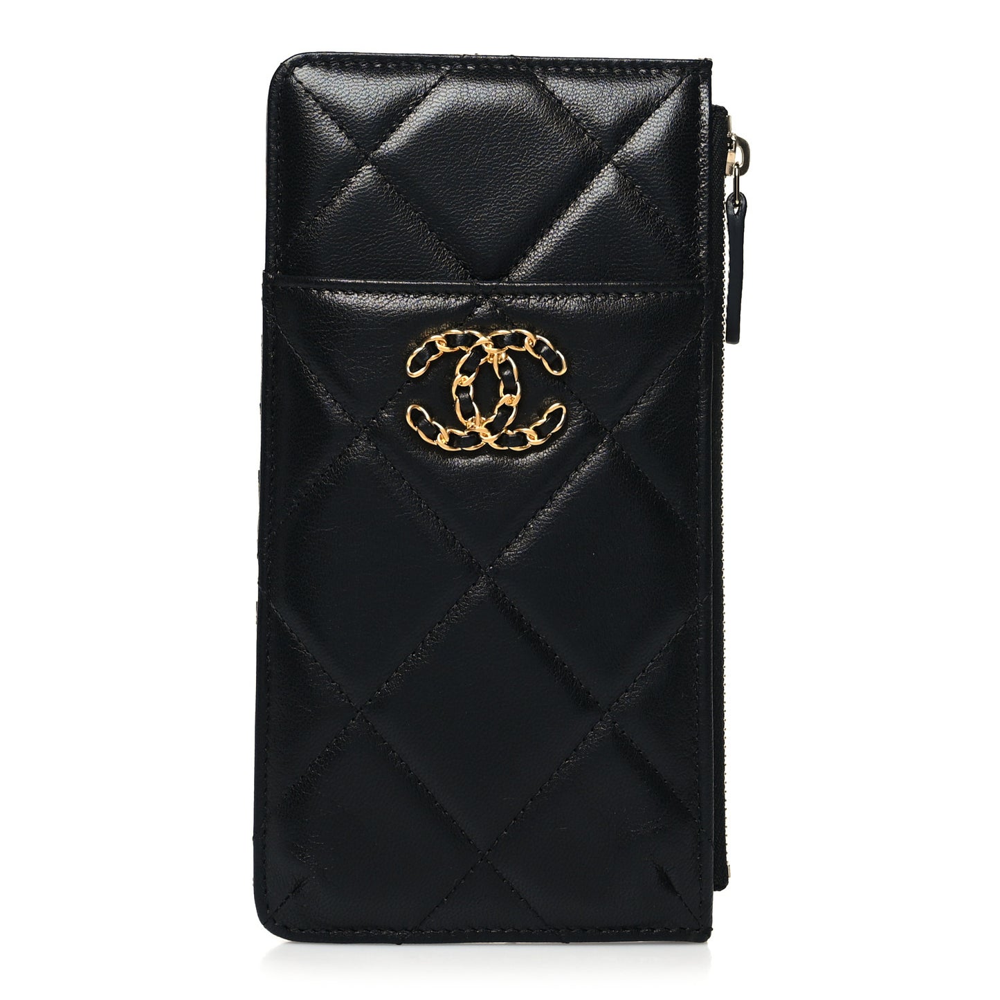 Goatskin Quilted Chanel 19 Phone and Card Holder Black