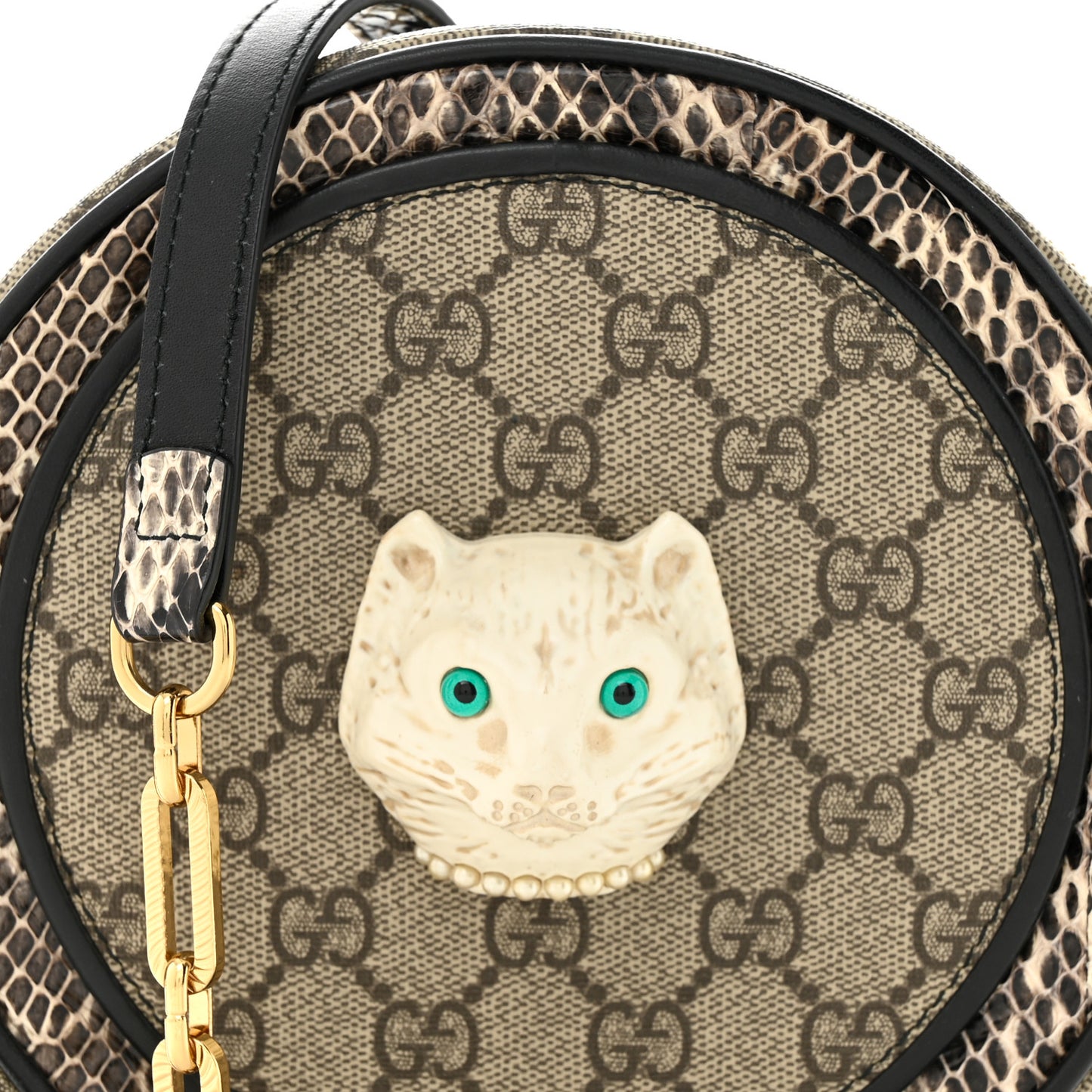 GG Supreme Monogram Patchwork Cat Round Shoulder Bag White Beige