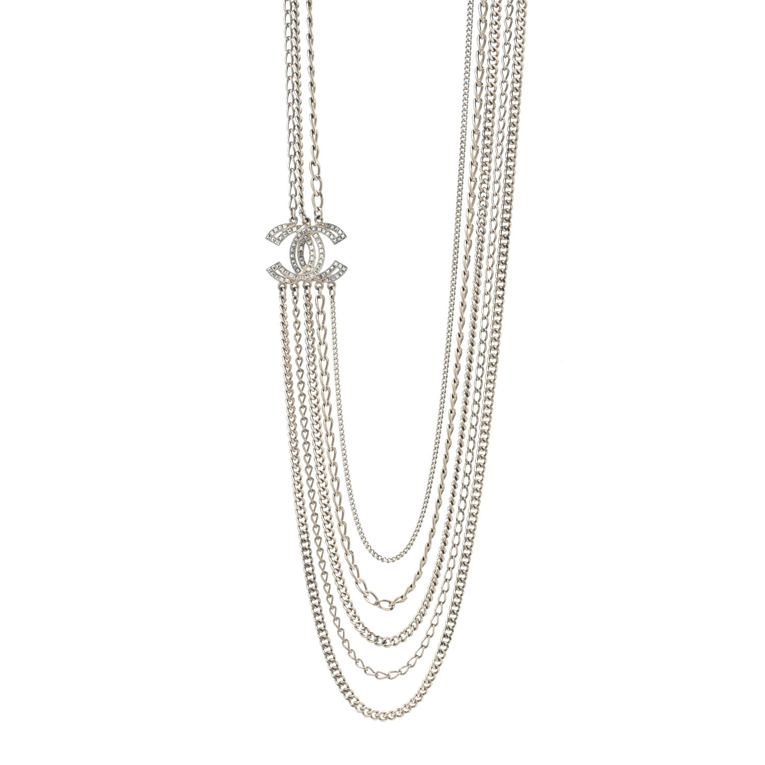 Chanel Crystal CC Multi Strand Long Chain Necklace Silver 1 of 3