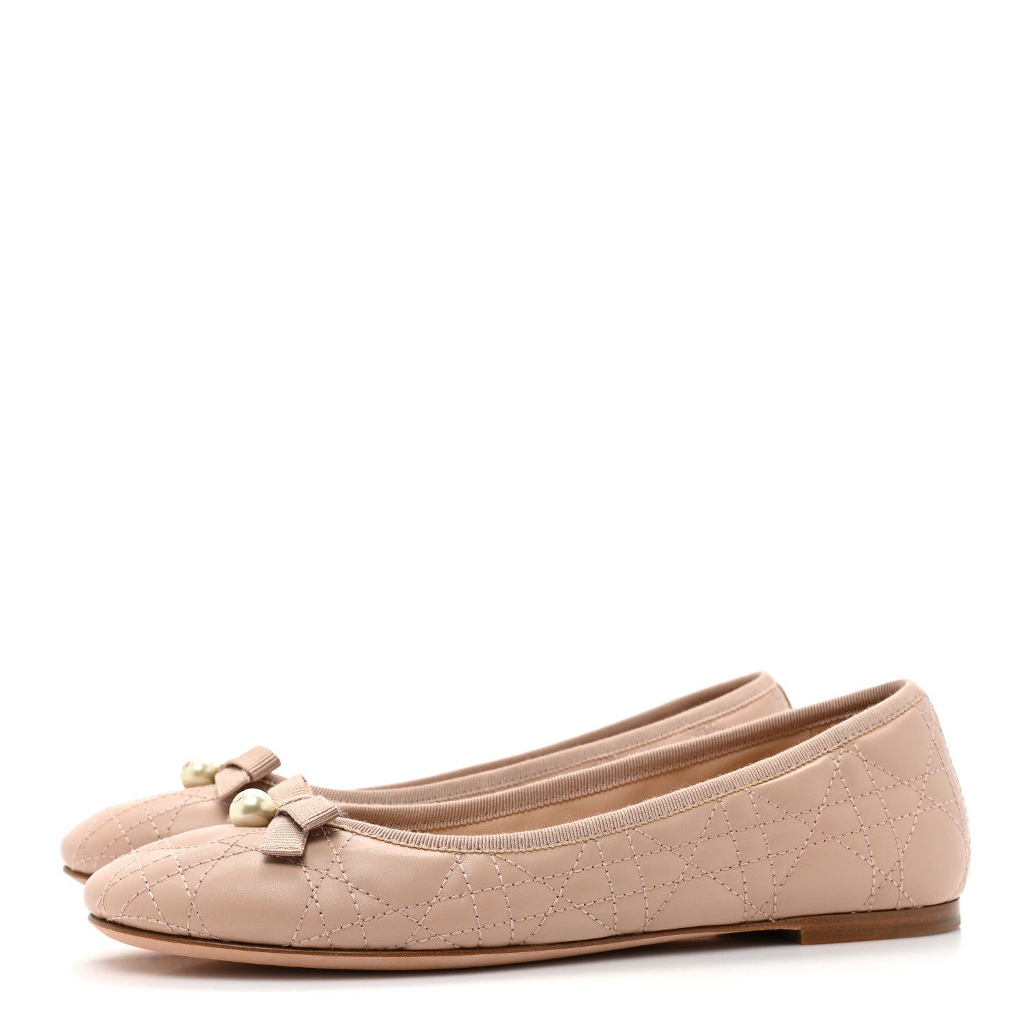 Christian Dior Calfskin Cannage Pearl Bow Ballet Flats 37.5 Nude 3 of 8