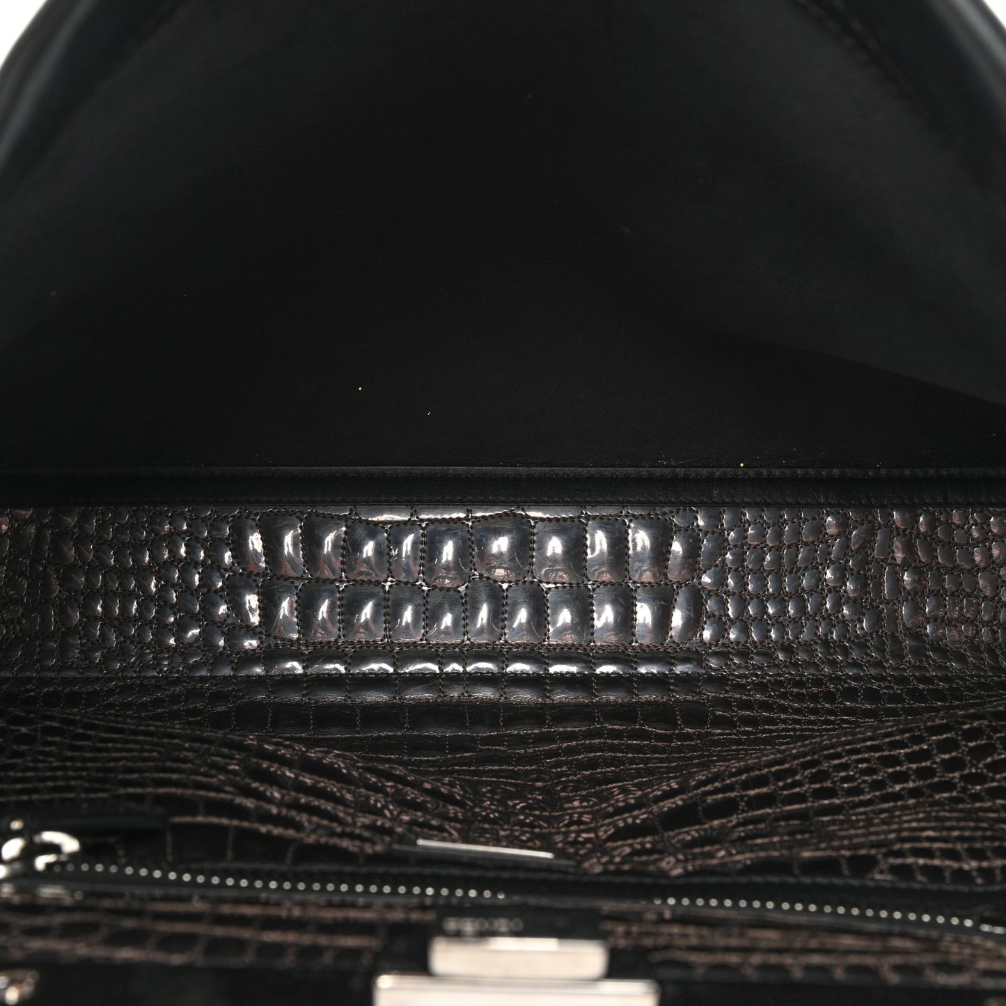 Vitello Dolce Marmol Patent Crocodile Trapuntata Large Peekaboo Iconic Satchel Black Fumo