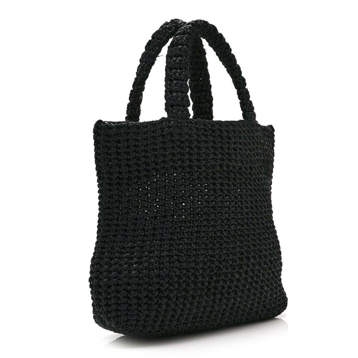Yarn Raffia Effect Crochet Embroidered Small Logo Tote Black