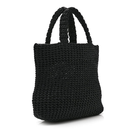 Prada Yarn Raffia Effect Crochet Embroidered Small Logo Tote Black 3 of 10