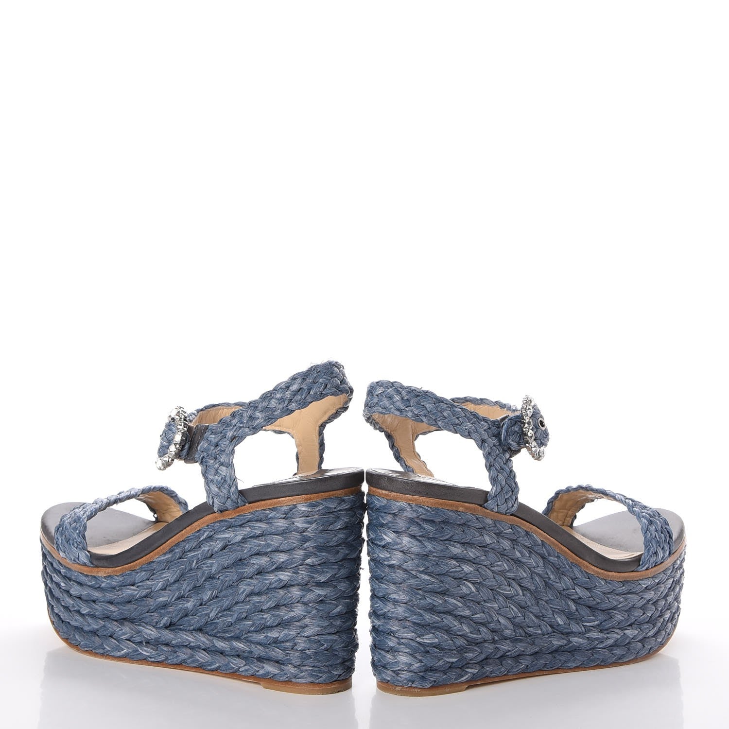 Jimmy Choo Woven Raffia Crystal Buckle Nylah 100 Platform Wedges 39 Dusk Blue 5 of 20
