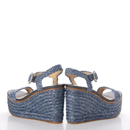 Jimmy Choo Woven Raffia Crystal Buckle Nylah 100 Platform Wedges 39 Dusk Blue 5 of 20