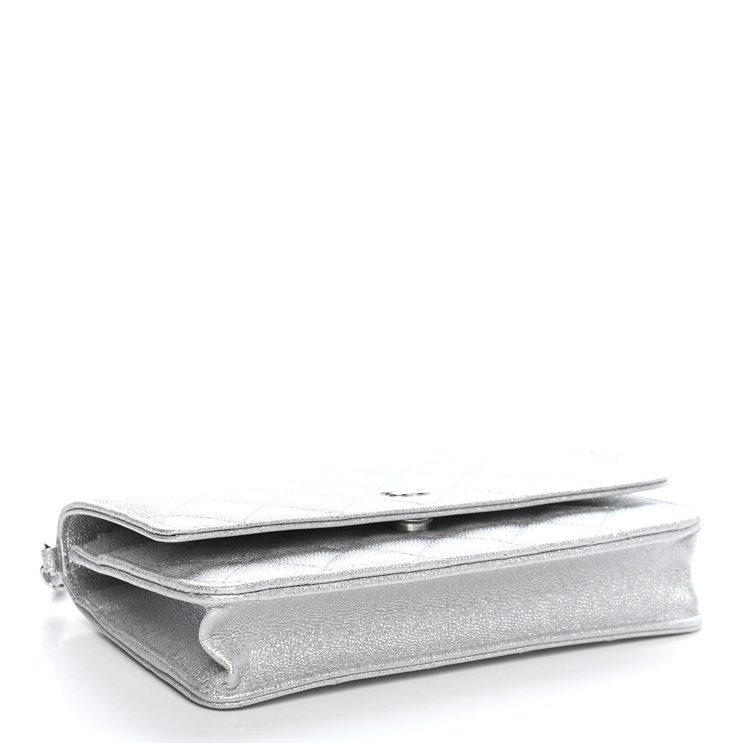 Glittered Metallic Caviar Quilted Wallet On Chain WOC Silver
