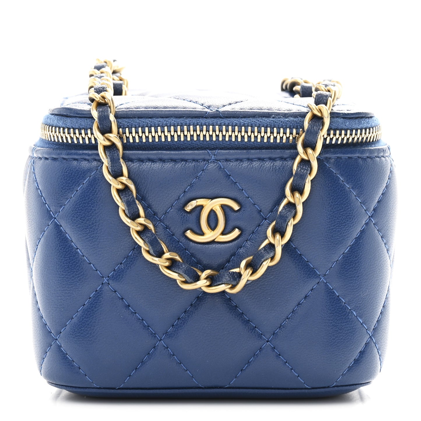 Lambskin Quilted Pearl Crush Mini Vanity Case With Chain Blue
