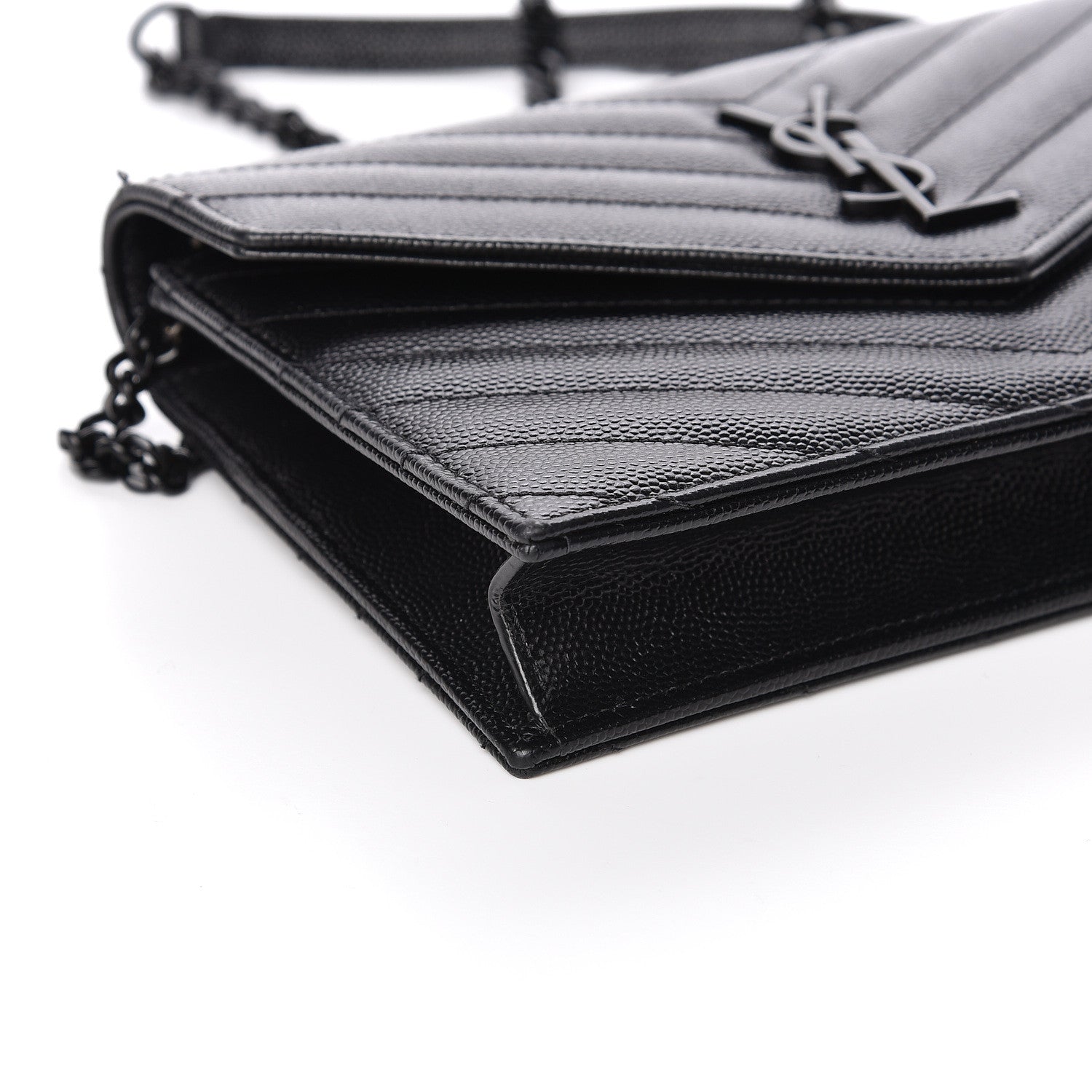 Saint Laurent Grain De Poudre Matelasse Chevron Monogram Envelope Chain Wallet Black 8 of 11
