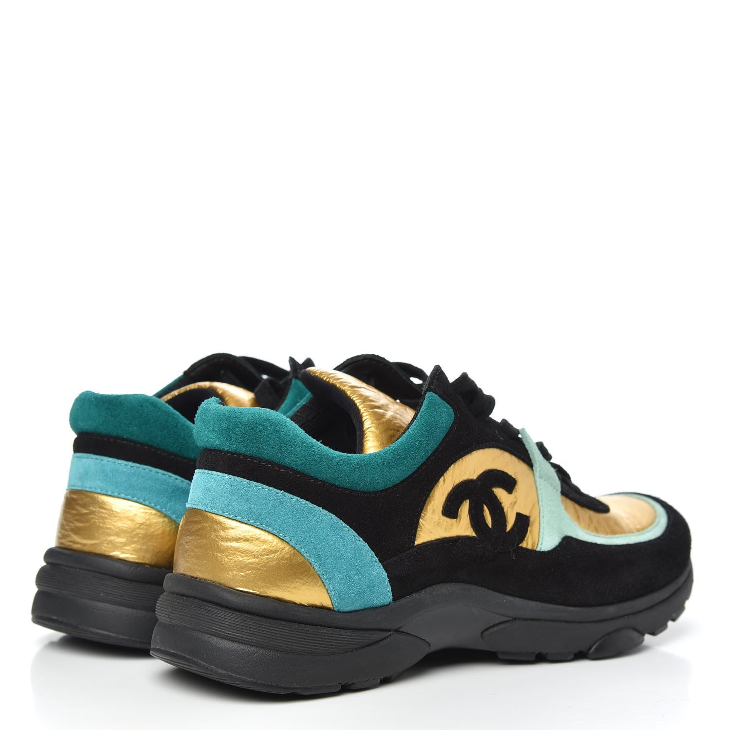 Chanel Fabric Calfskin Suede CC Womens Sneakers 37 Black Turquoise Gold 4 of 7