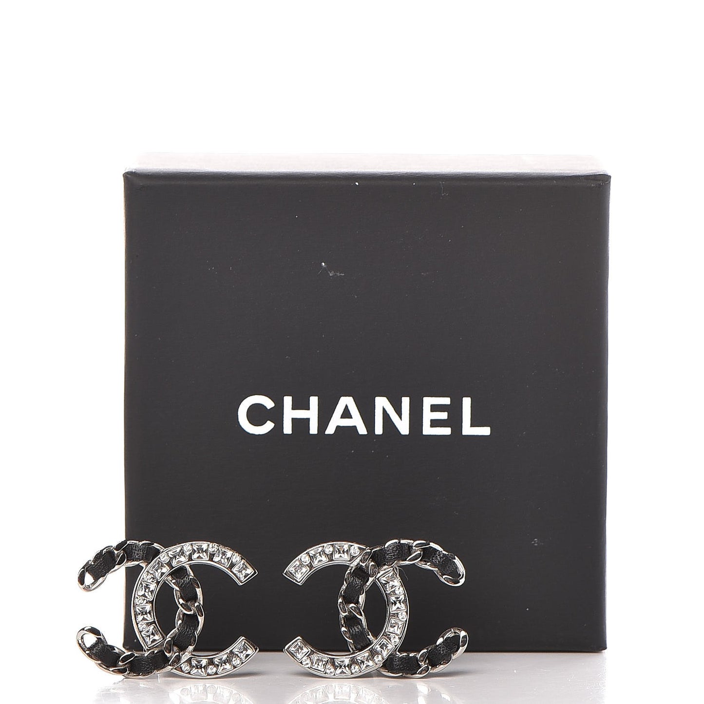 Crystal Baguette Lambskin Large CC Earrings Silver Black