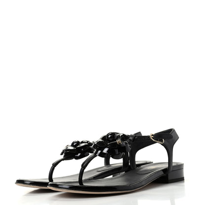 Chanel Patent Camellia Thong Sandals 37 Black 3 of 11