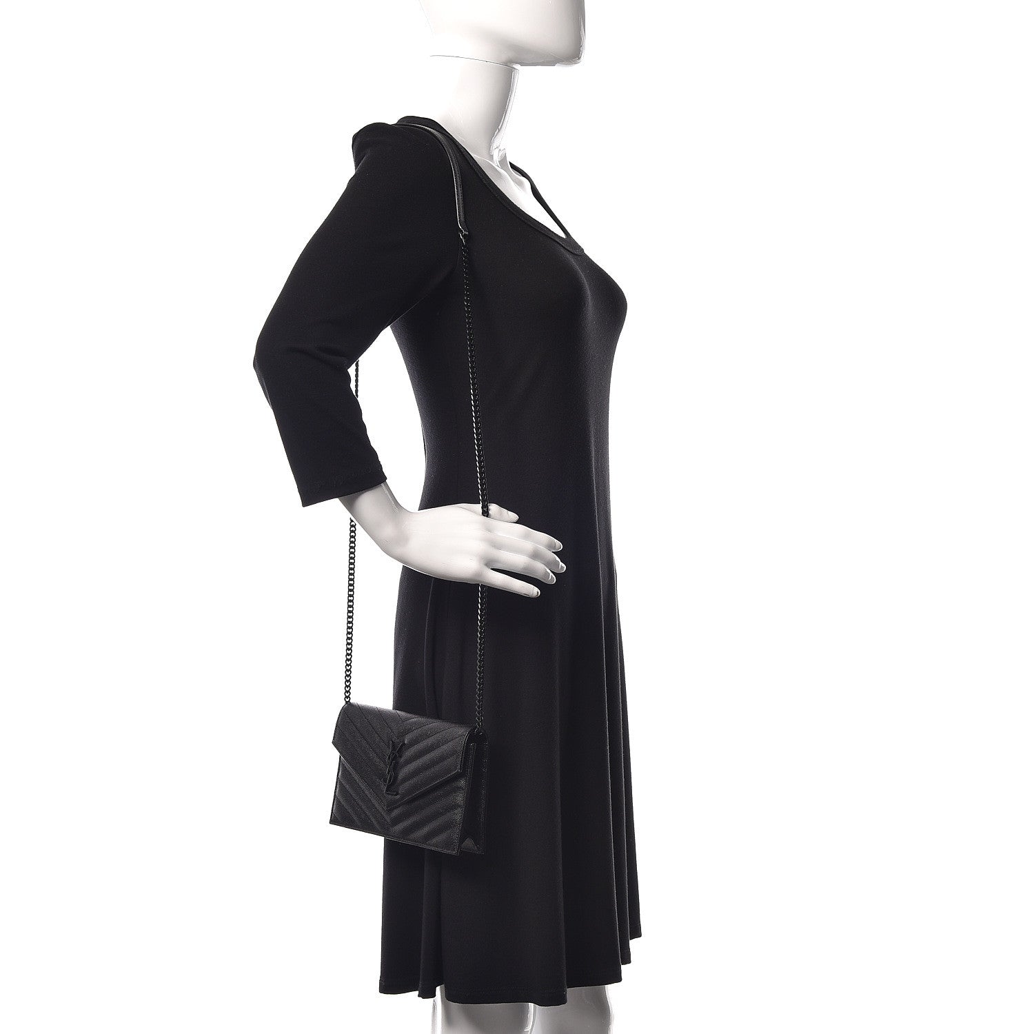 Saint Laurent Grain De Poudre Matelasse Chevron Monogram Envelope Chain Wallet Black 2 of 15