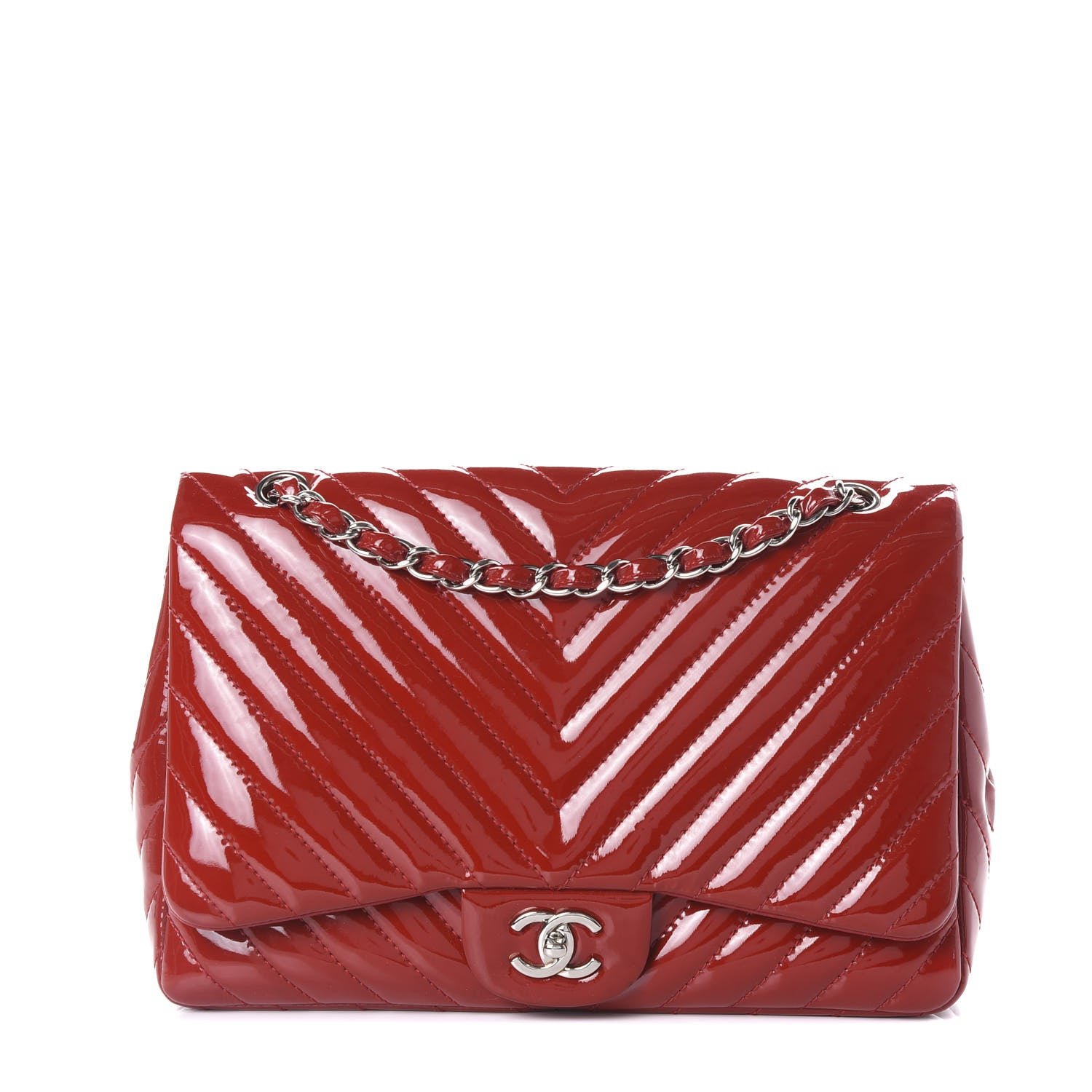 Chanel Patent Chevron Quilted Jumbo Single Flap Red 1 of 10