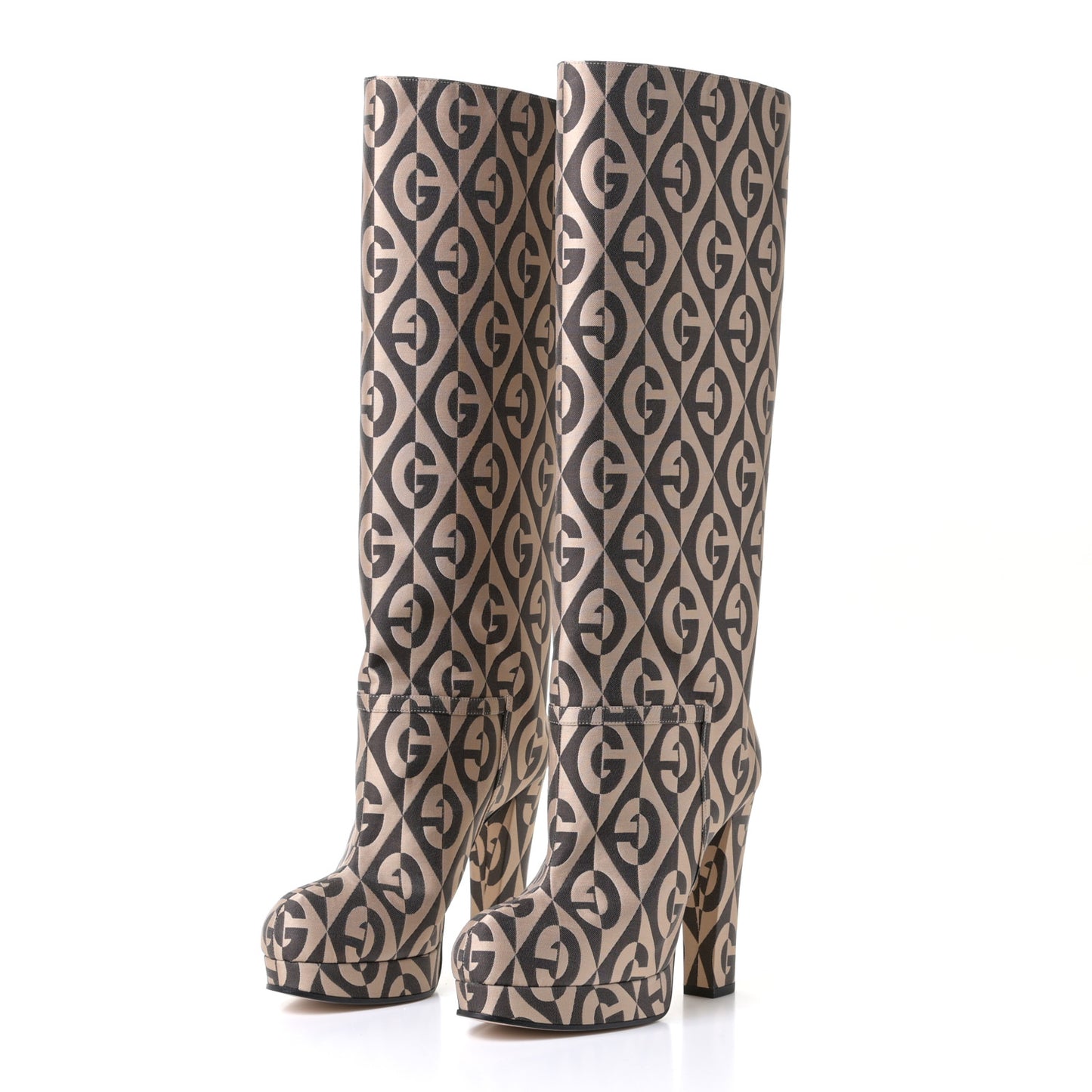 Fabric G Rhombus Print Platform Boots 36 Beige Cocoa