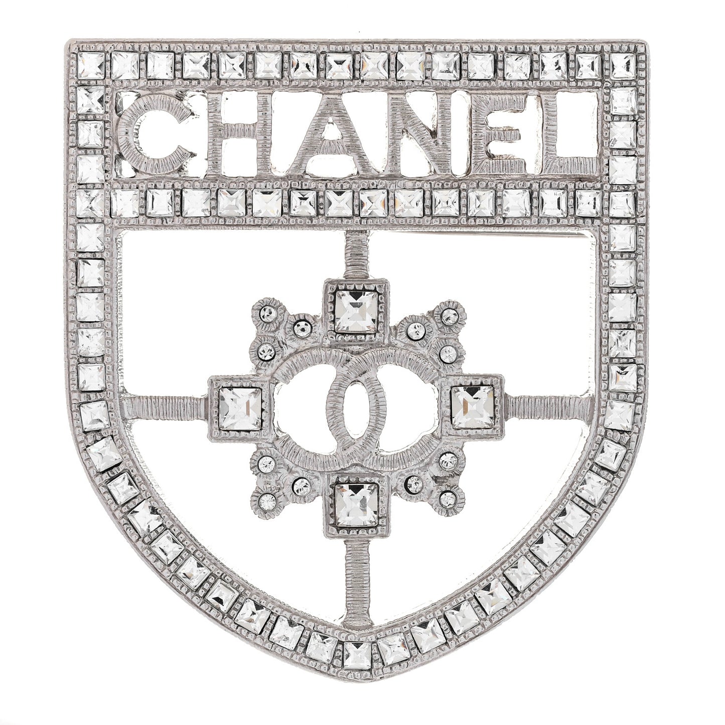 Swarovski Baguette Crystal CC Shield Brooch Silver