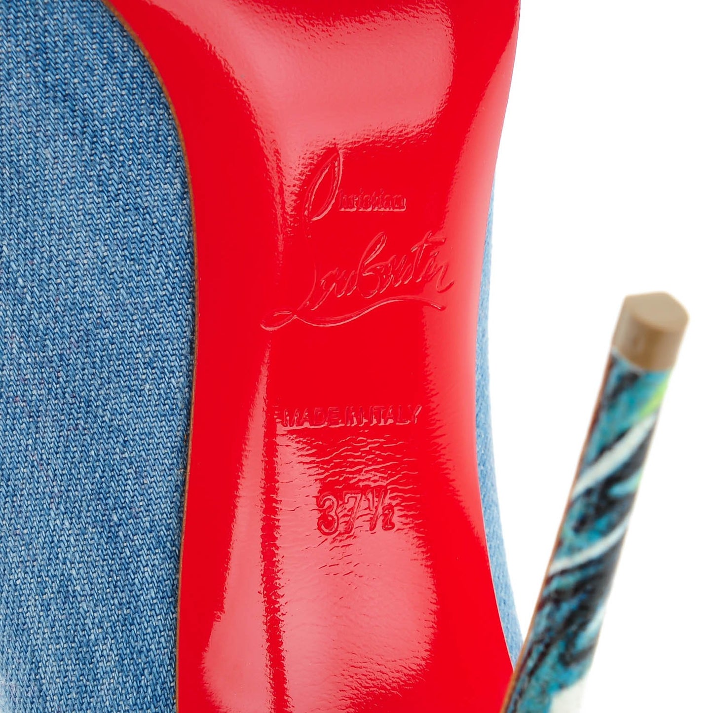 Denim Crackled Calfskin Hawaiian Print Pigalle Follies 100 Pumps 37.5 Blue White