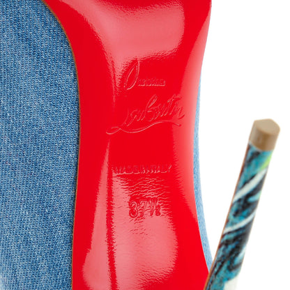 Christian Louboutin Denim Crackled Calfskin Hawaiian Print Pigalle Follies 100 Pumps 37.5 Blue White 7 of 8