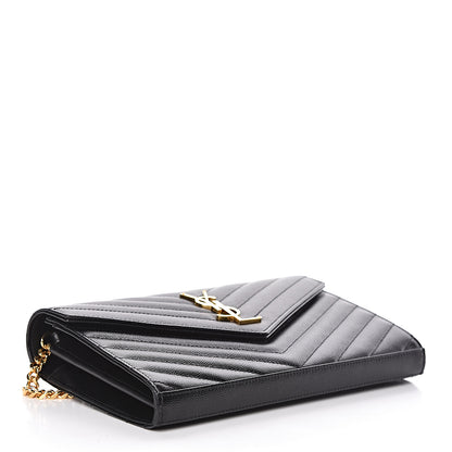 Saint Laurent Grain De Poudre Matelasse Chevron Monogram Chain Wallet Black 4 of 10