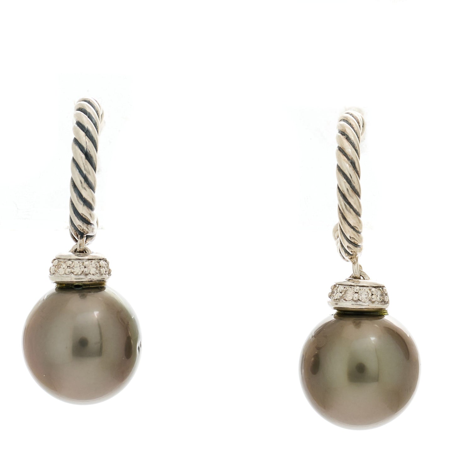Sterling Silver Diamond Tahitian Pearl Solari Cable Drop Earrings