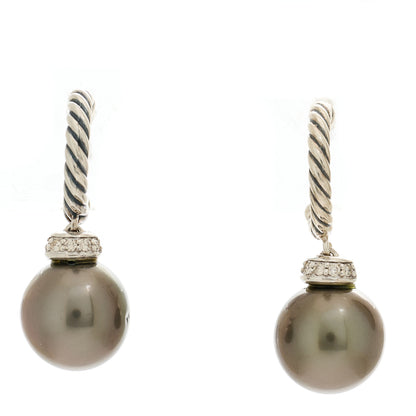 David Yurman Sterling Silver Diamond Tahitian Pearl Solari Cable Drop Earrings 1 of 4