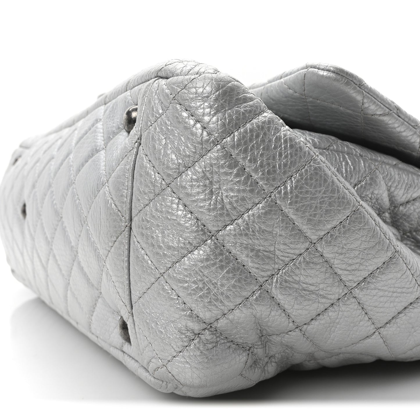 Metallic Calfskin Quilted XXL Travel Flap Bag Silver