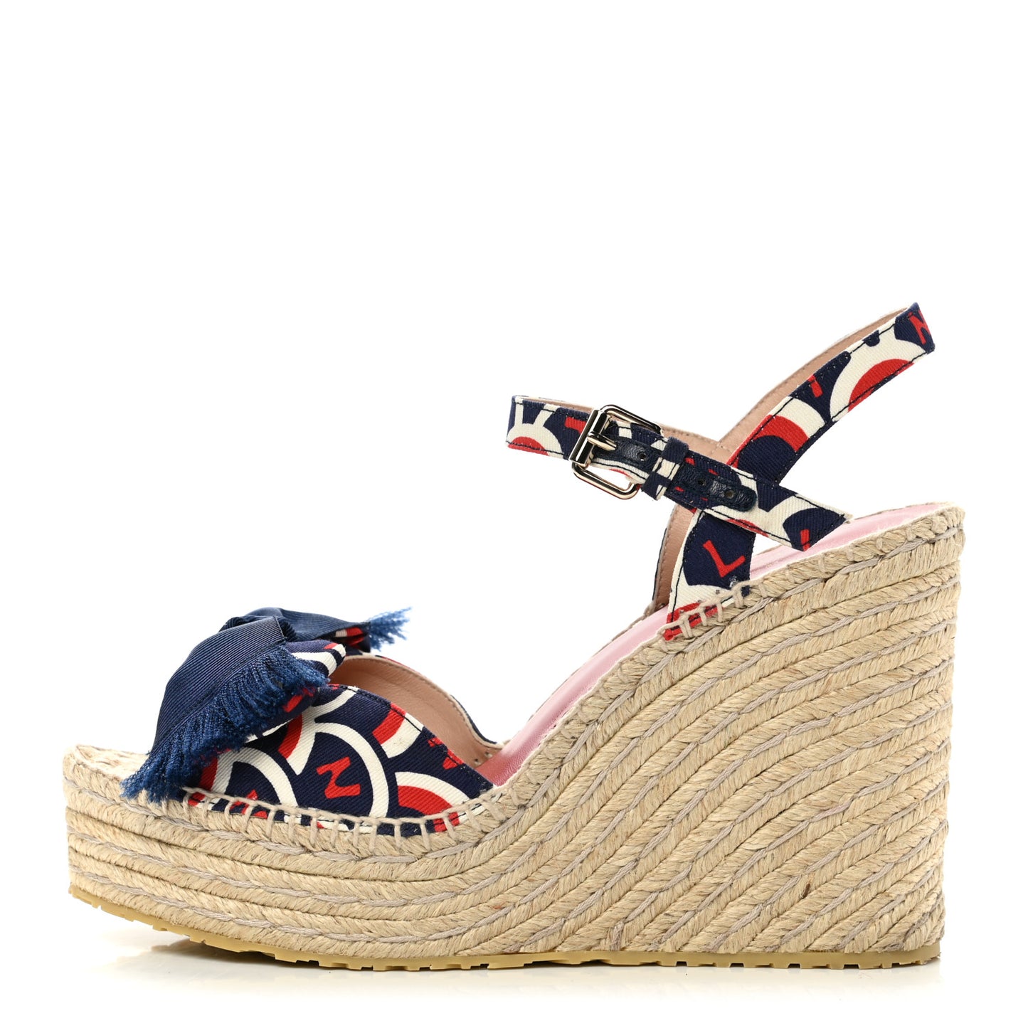 Twill Printed Bow Espadrille Wedge Sandals 39 Navy