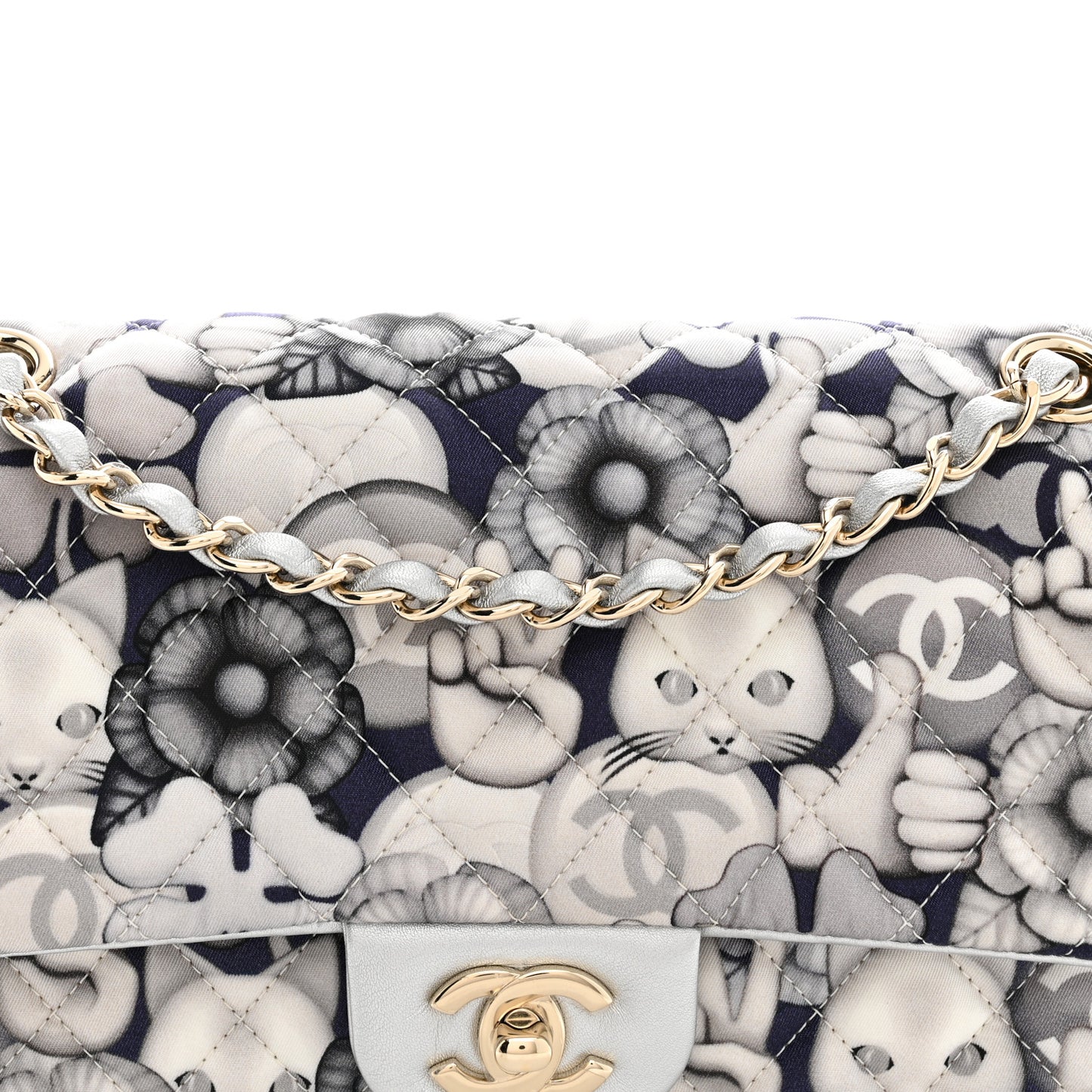 Nylon Quilted Medium Cat Emoticon Double Flap Navy Grey Ecru Navy Grey Ecru