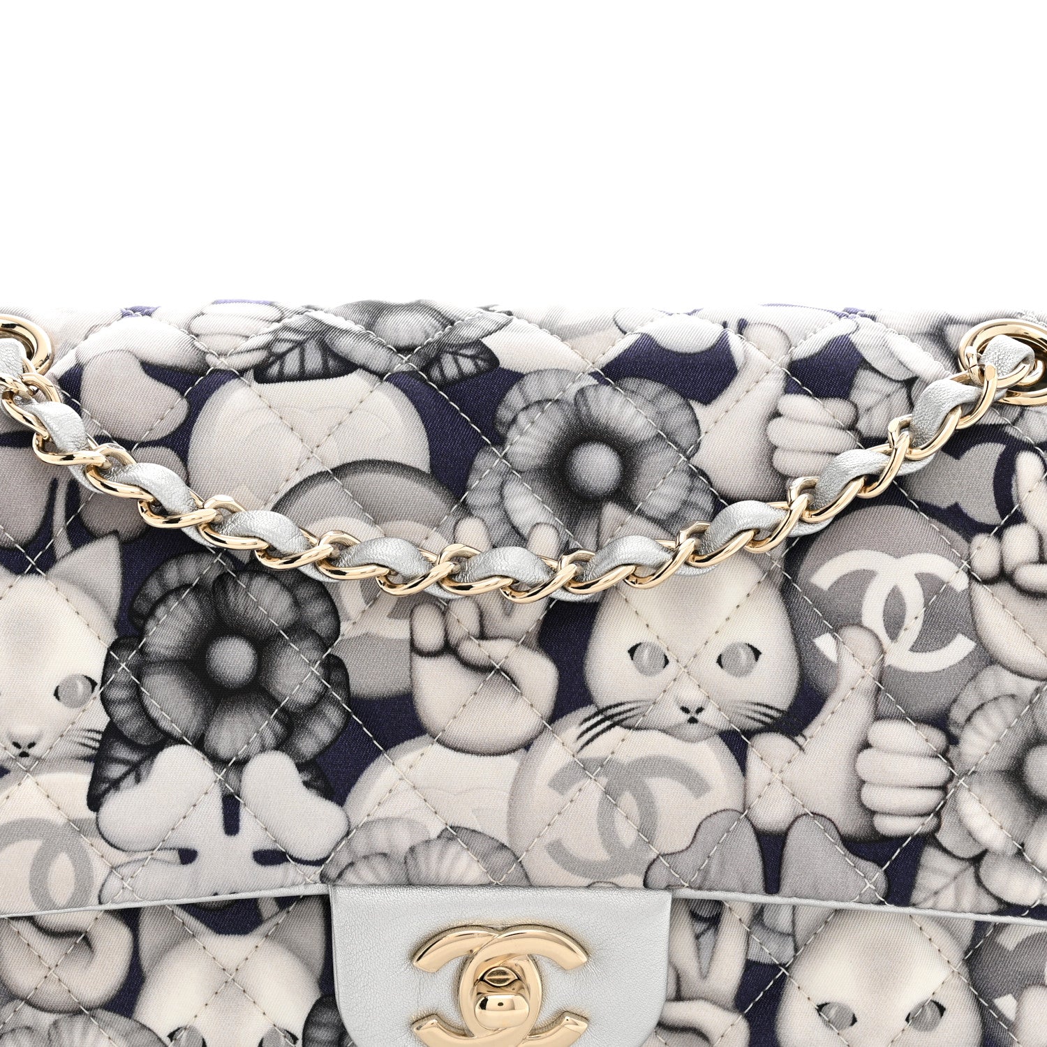 Chanel Nylon Quilted Medium Cat Emoticon Double Flap Navy Grey Ecru Navy Grey Ecru 8 of 10