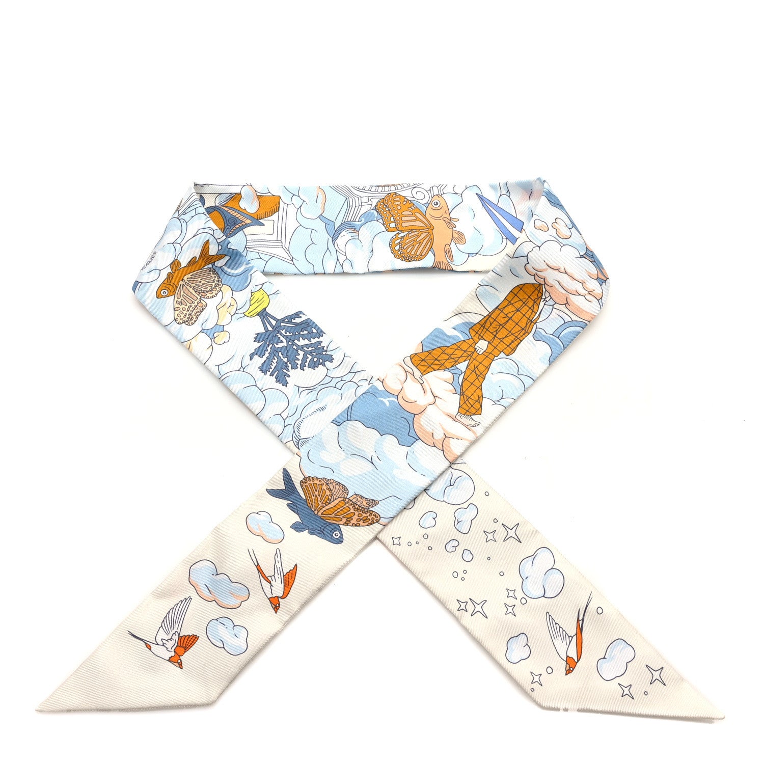 Hermes Silk Sur Mon Nuage Twilly Creme Bleu Ciel Orange 1 of 3