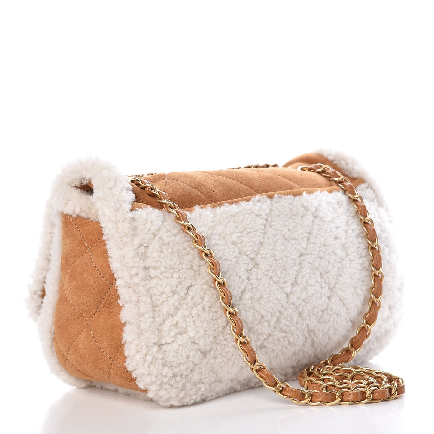 Shearling Lambskin Quilted Coco Neige Single Flap Beige