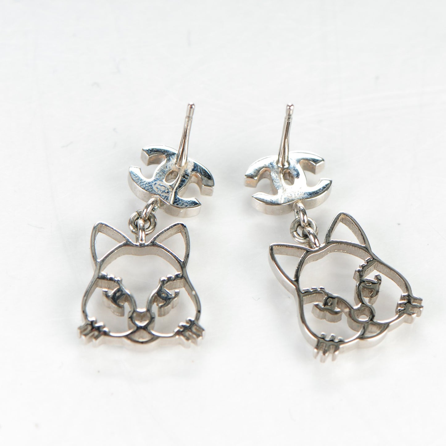 Crystal Emoji Choupette Cat CC Earrings Silver