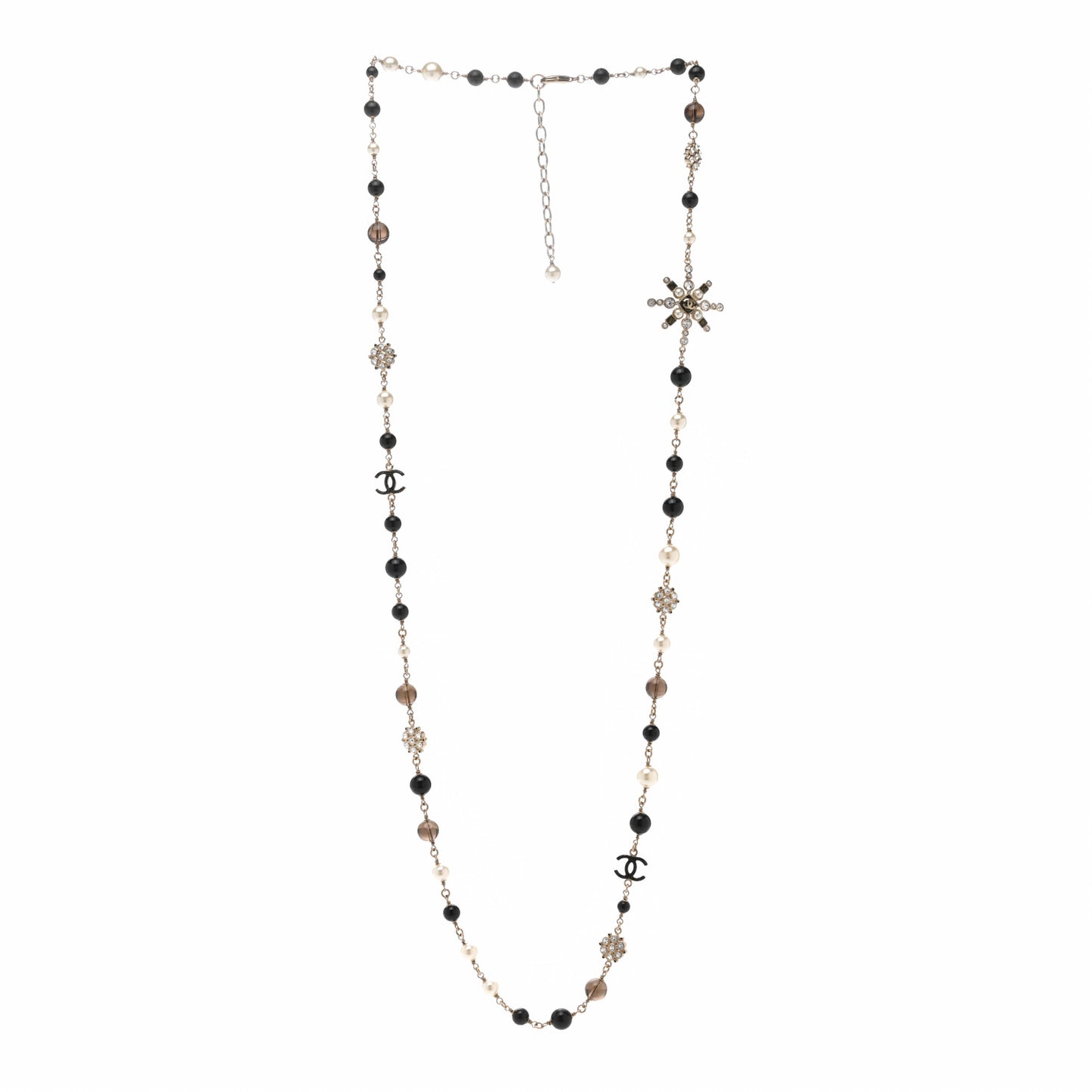 Pearl Crystal Bead CC Long Necklace Black Gold