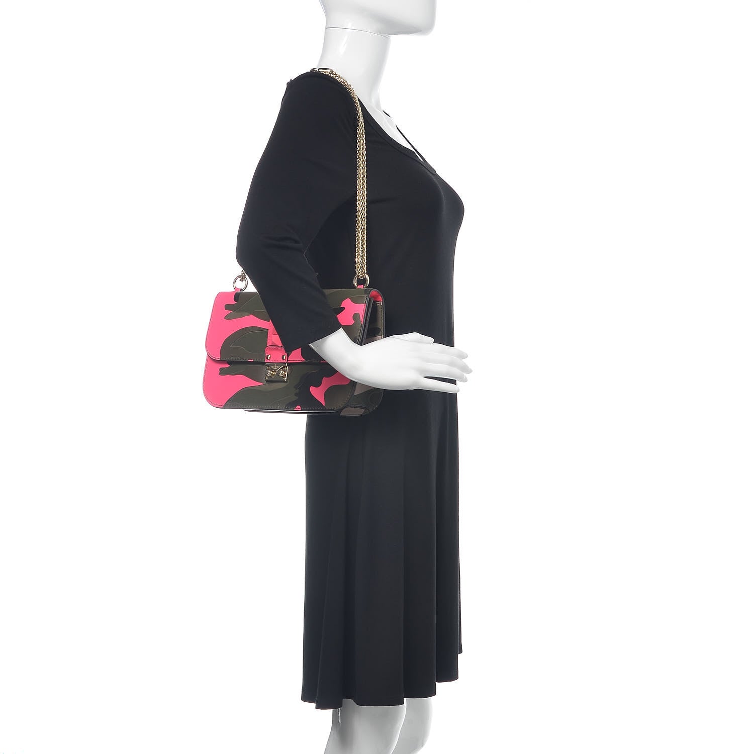 Valentino Garavani Nappa Canvas Camouflage Medium Glam Lock Rockstud Flap Fuxia Fluo 2 of 14