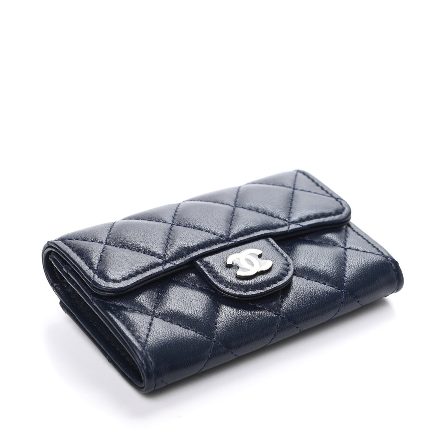 Lambskin Quilted Flap Card Holder Wallet Navy