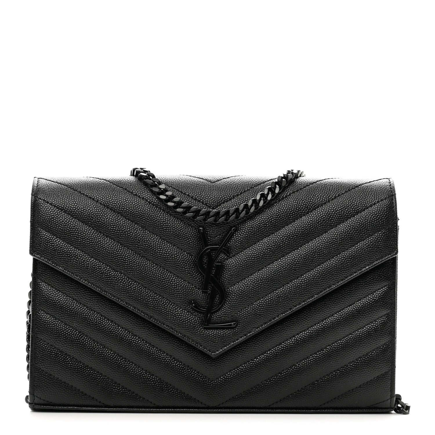 Saint Laurent Grain De Poudre Matelasse Chevron Monogram Monochrome Chain Wallet Black 1 of 9
