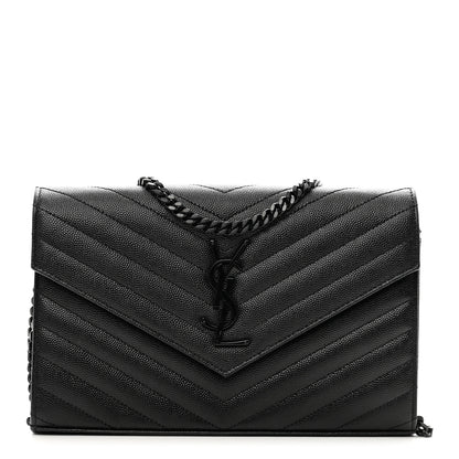 Saint Laurent Grain De Poudre Matelasse Chevron Monogram Monochrome Chain Wallet Black 1 of 9
