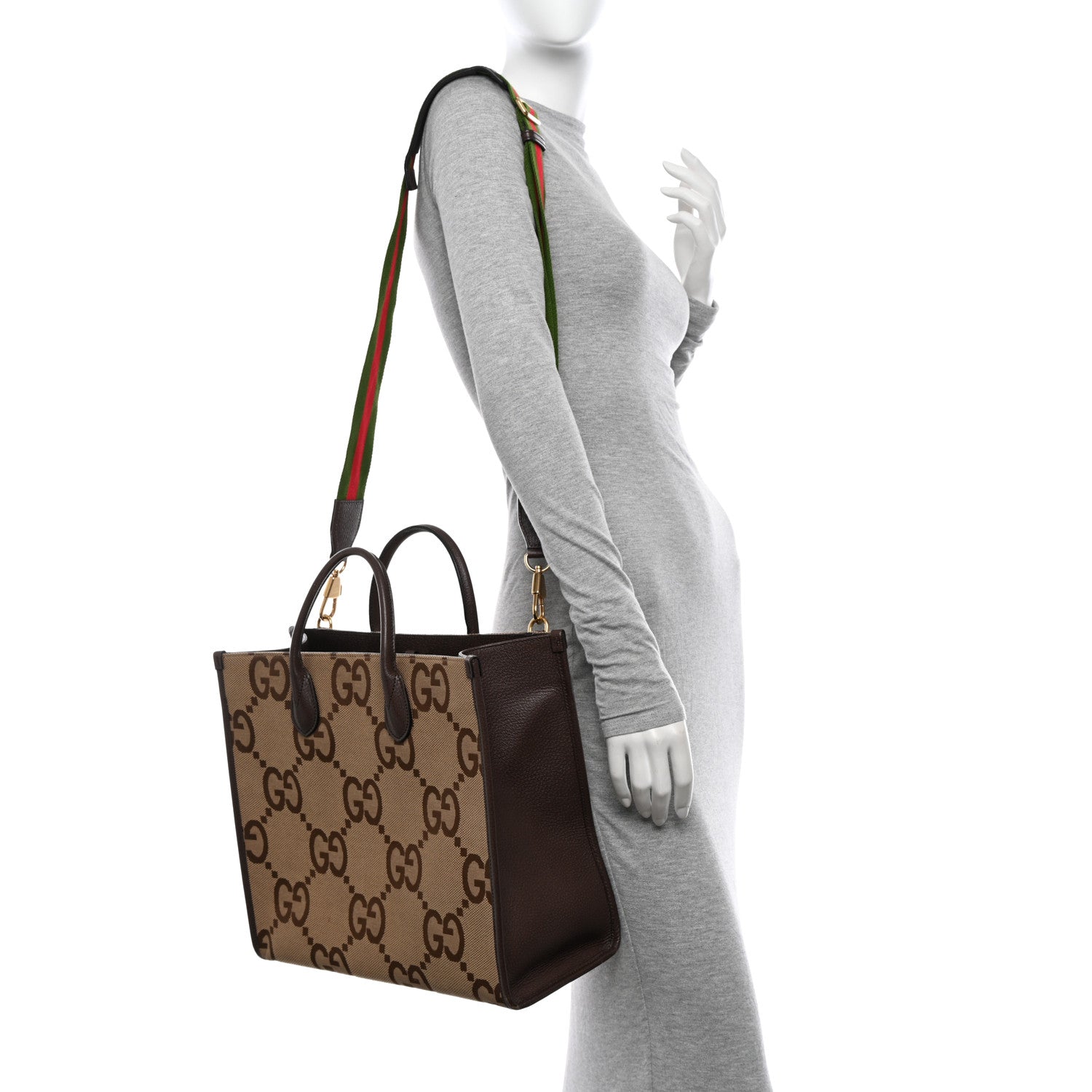 Gucci Monogram Jumbo GG Textured Dollar Calfskin Web Tote Bag Camel Ebony New Acero 2 of 19