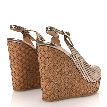 Jimmy Choo Metallic Embossed Calfskin Pacific 120mm Peep-Toe Cork Wedge Sandal 36 Gold 5 of 12
