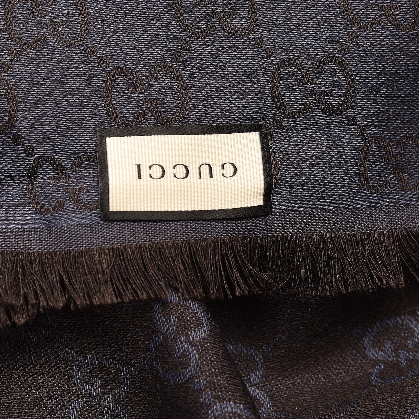 Wool Silk Monogram GGWeb Fringe Shawl Navy Blue