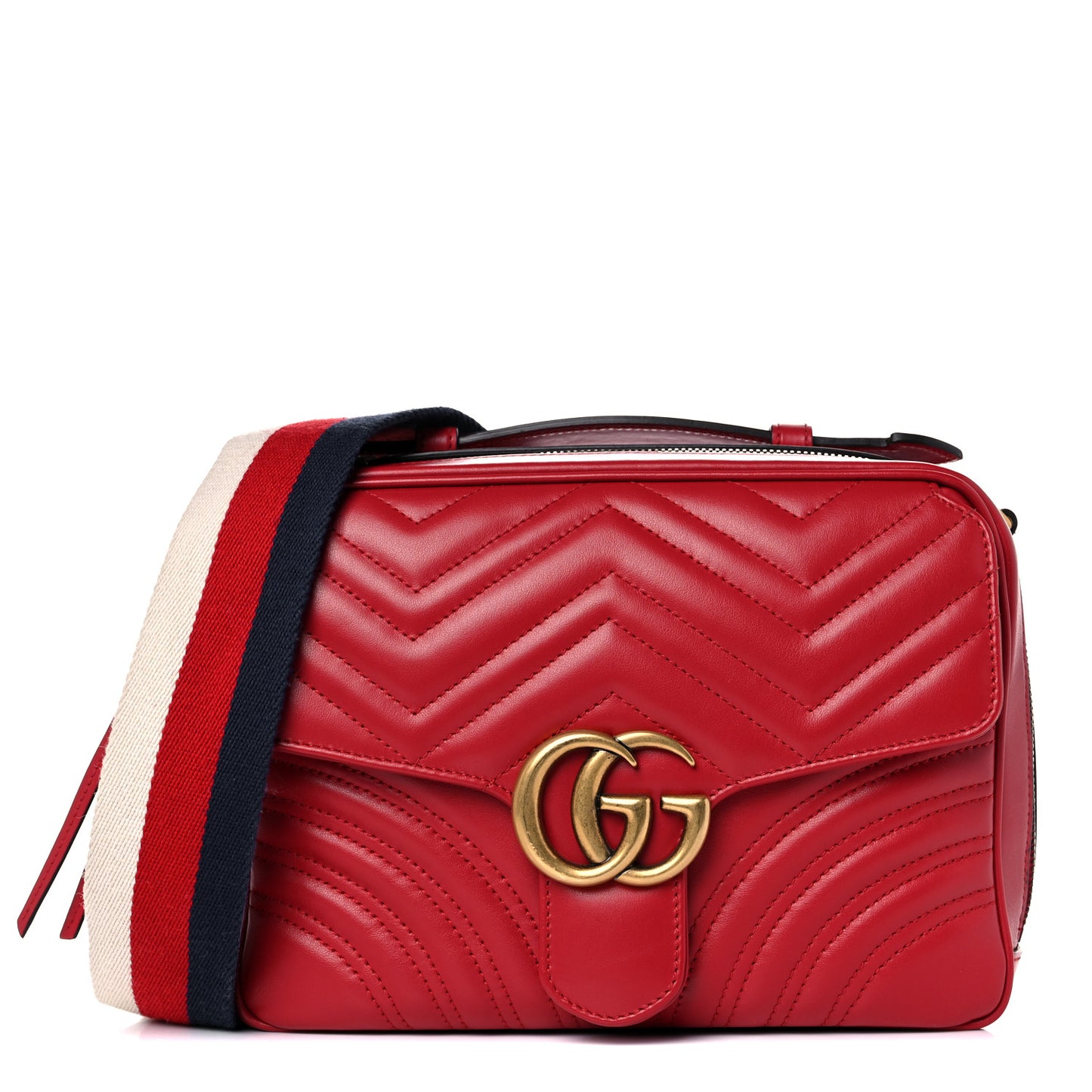 Calfskin Matelasse Sylvie Web Small GG Marmont Top Handle Shoulder Bag Hibiscus Red