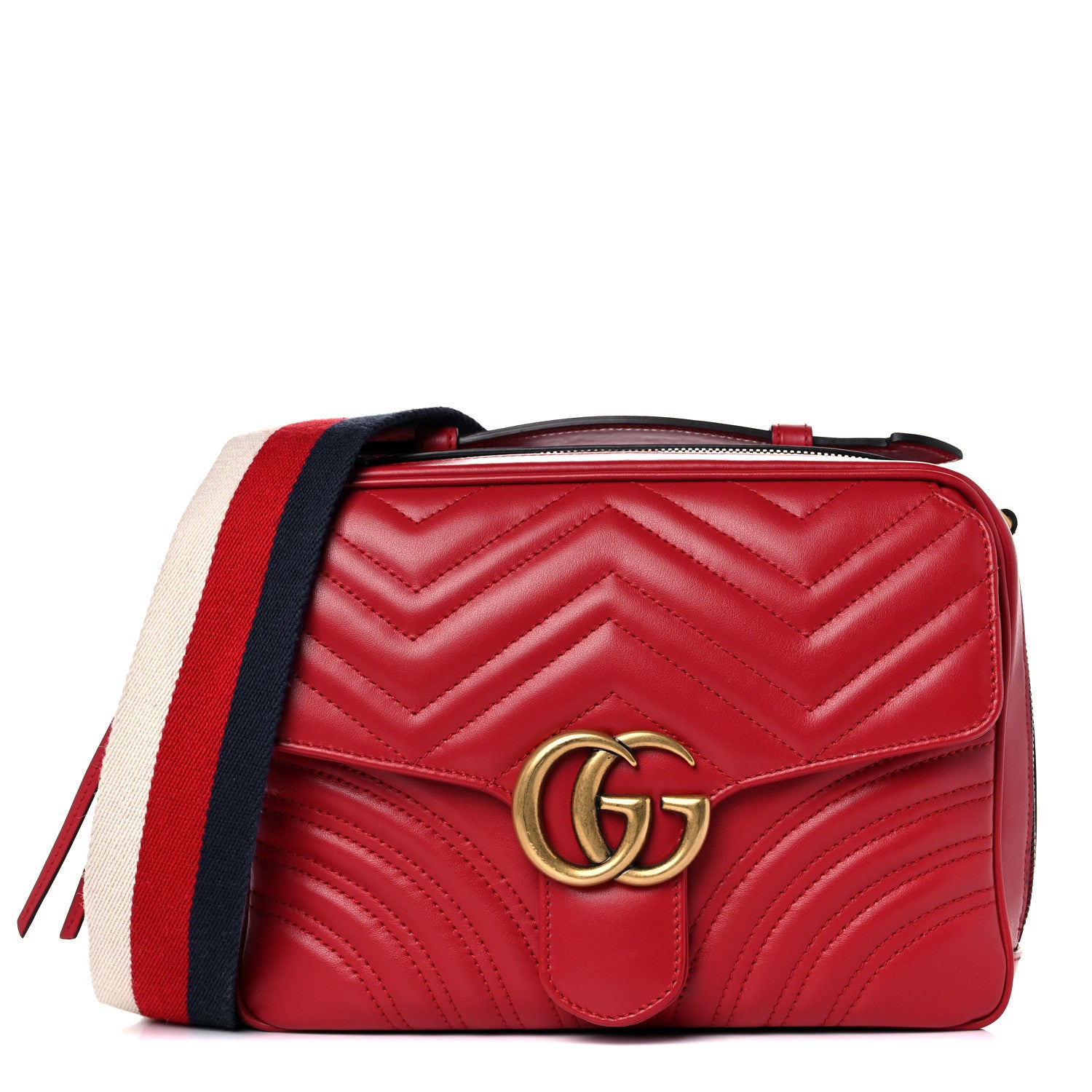 Gucci Calfskin Matelasse Sylvie Web Small GG Marmont Top Handle Shoulder Bag Hibiscus Red 1 of 13