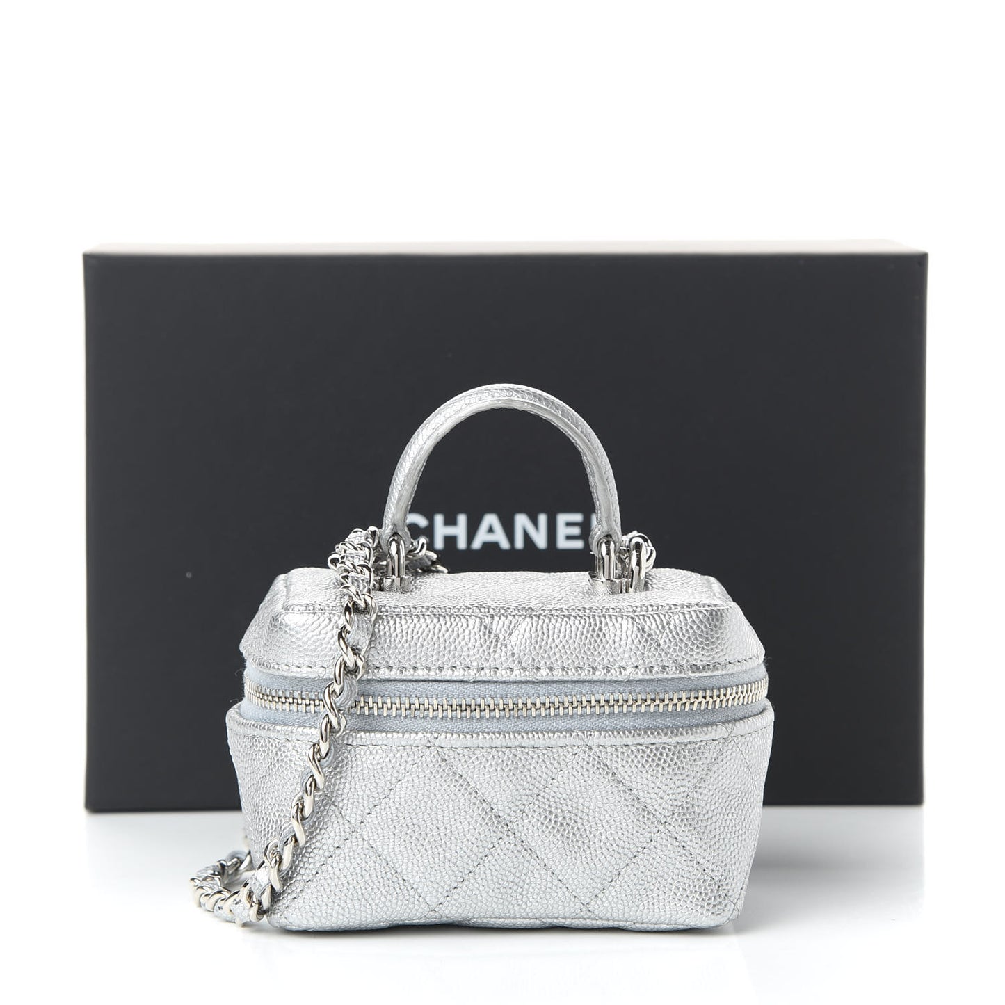 Metallic Caviar Quilted Mini Top Handle Vanity With Chain Silver