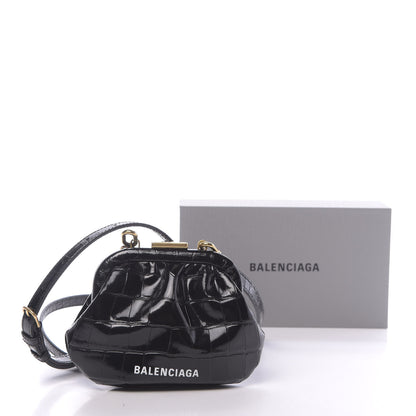 Balenciaga Shiny Supple Calfskin Logo Crocodile Embossed Cloud Coin Purse With Strap Black White 11 of 11