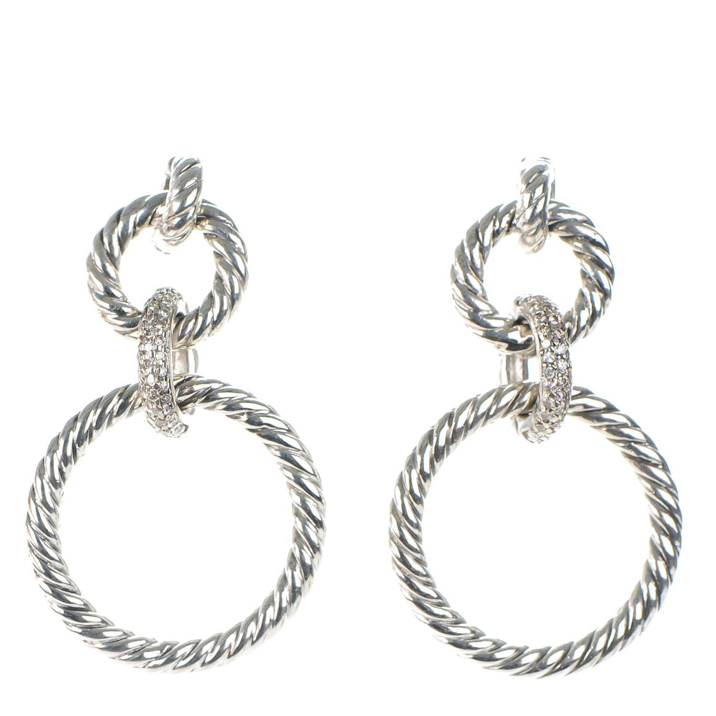 Sterling Silver Pave Diamond 36mm Cable Classics Doorknocker Earrings