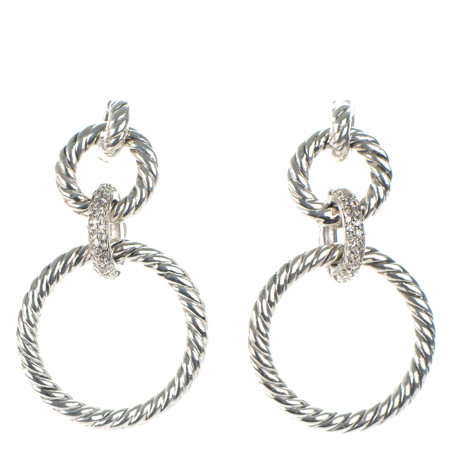 David Yurman Sterling Silver Pave Diamond 36mm Cable Classics Doorknocker Earrings 1 of 5