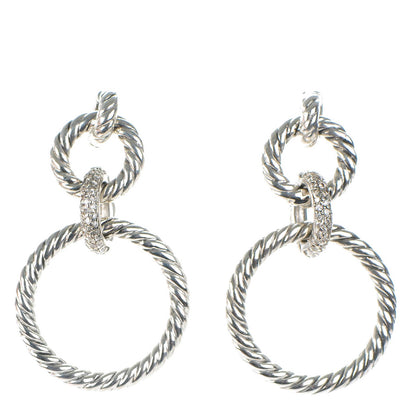 David Yurman Sterling Silver Pave Diamond 36mm Cable Classics Doorknocker Earrings 1 of 5
