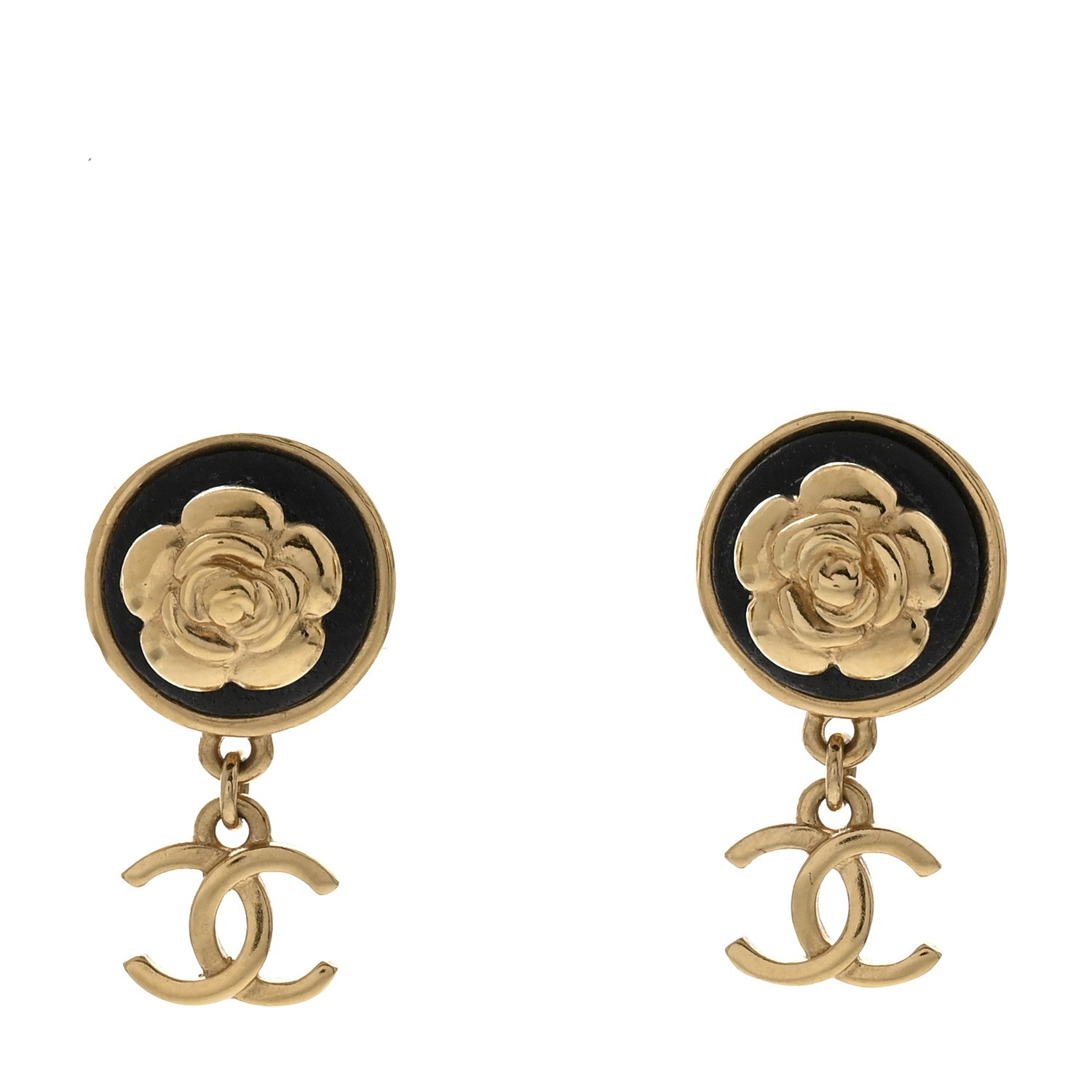 Chanel Metal Lambskin Camellia CC Drop Earrings Gold Black 1 of 4