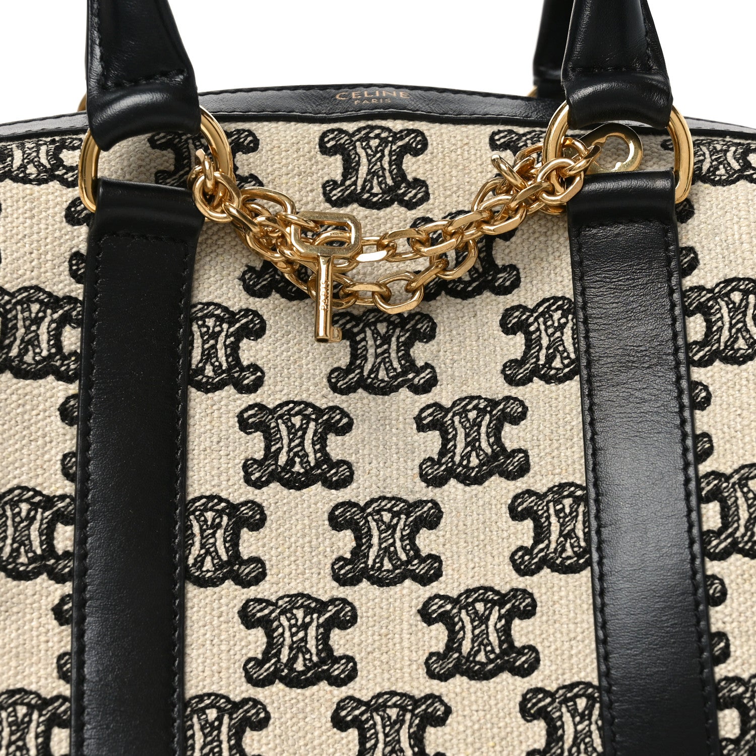 Celine Canvas Calfskin Triomphe Embroidered Boston Bag Black 7 of 9
